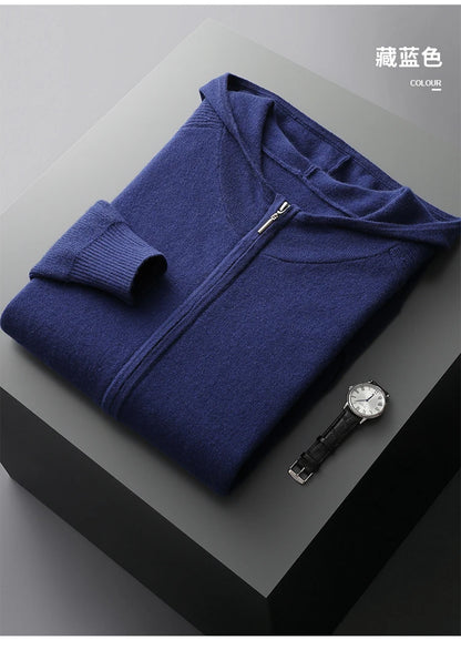 Autumn/Winter Men Sweater Suit Hooded Zipper Pullover Pants Thick Warm Casual Clothing 100% Cashmere Knitwear Trousers Tops