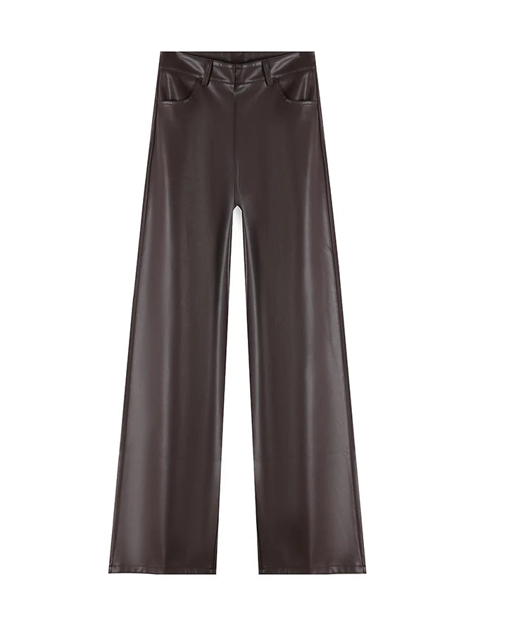 BIVIGAOS Fall Winter Fleece Loose Wide Leg Warm Leather Pants Women Button Pocket High Waist Thick PU Casual Straight Pants