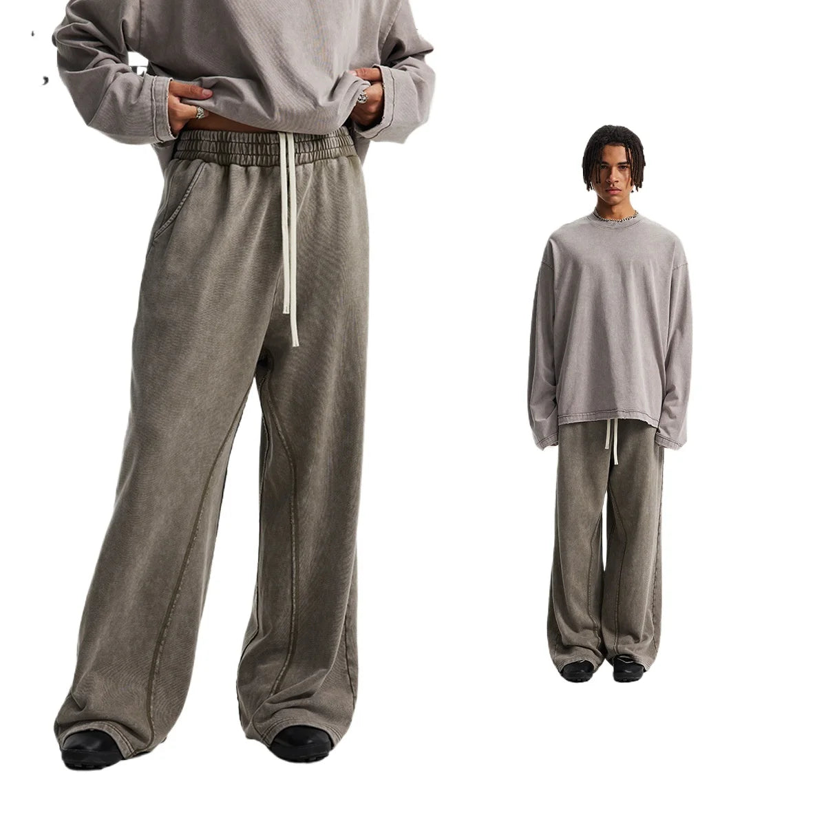 Custom LOGO Men's New 380G Heavy 100% Cotton 2025 Loose Retro Wide Leg Scattered Sports Casual Pants