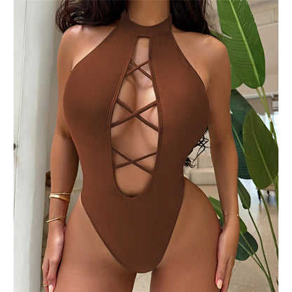 S - XL 7 Colors Lace Up High Neck Full Back Women Swimwear One Piece Swimsuit Female High Leg Cut Bather Bathing Suit Swim V6272