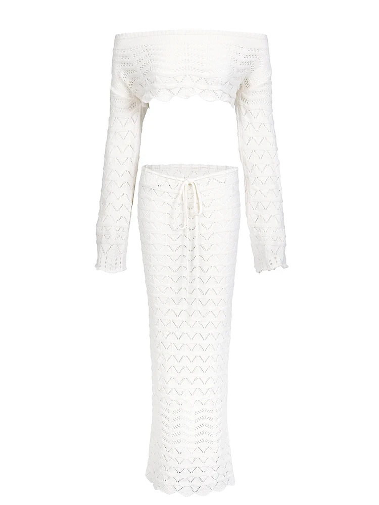 Sexy Knit One-neck Long Sleeve Short Top Drawstring Half Skirt Beach Two-piece 2026 Women Summer Swimsuit Cover Up Chic Set K172