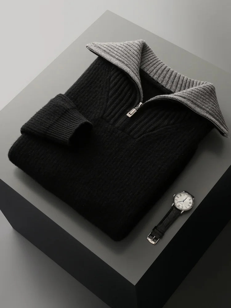 High Quality Men 100% Wool Sweater Turn Down Collar Zippers Pullover 2025 Autumn/Winter Thickened Soft Warm Knitwear Jumper Tops