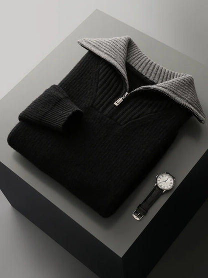 High Quality Men 100% Wool Sweater Turn Down Collar Zippers Pullover 2025 Autumn/Winter Thickened Soft Warm Knitwear Jumper Tops