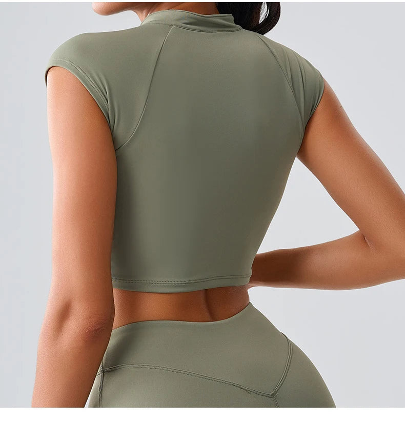 Zipper Sports Crop Top Women Short Sleeve Yoga Top Shirts Light Weight Gym Push Up Top Sports Shirt Running Workout Crop Tops