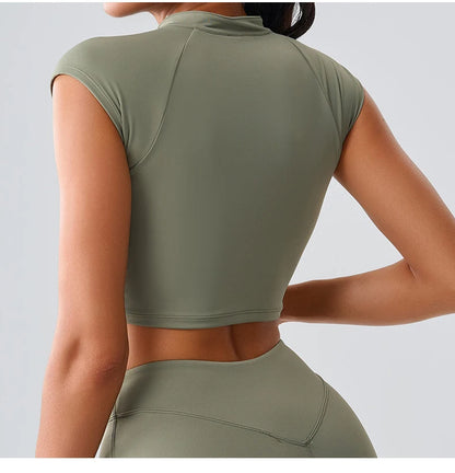 Zipper Sports Crop Top Women Short Sleeve Yoga Top Shirts Light Weight Gym Push Up Top Sports Shirt Running Workout Crop Tops