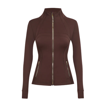 Personalized LOGO custom women's gold zip jacket tight stand-up collar quick-drying fitness running yoga suit 41-color S-3XL top