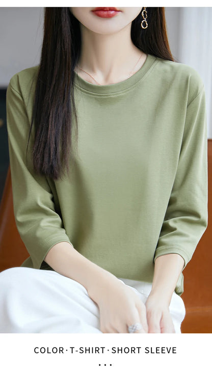 Spring And Summer New White Mercerized Cotton Short Sleeve T-Shirt Feminine Joker Cotton Cropped Sleeve Bottoming Shirt