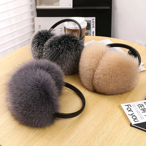 New Arrival Women 100% Real Fox Fur Ear Cover Plush Genuine Fox Fur Earmuff Winter Lady Big Pompoms Fox Fur Fluffy Earmuffs Warm