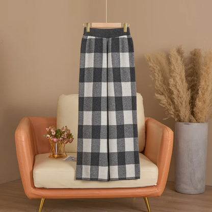 DjzDsm Autumn and Winter New Women's 100% Merino Wool Thickened High Waist Knitted Wide Leg Pants Four Flat Casual Plaid Pants