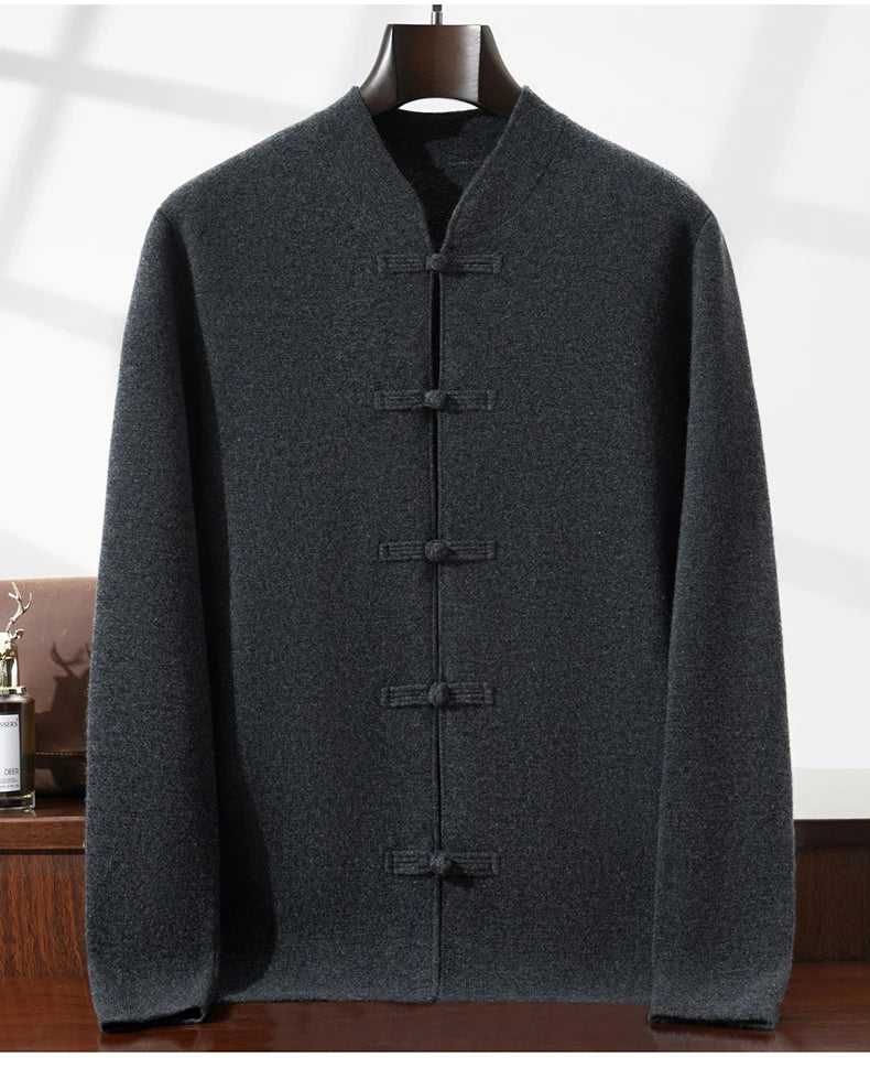 100%Pure Wool Chinese style buckle Cardigan Men Sweater Casual Comfort Knitted Long Sleeve Men's Wool Sweater Spring Autumn Coat
