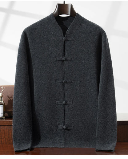 100%Pure Wool Chinese style buckle Cardigan Men Sweater Casual Comfort Knitted Long Sleeve Men's Wool Sweater Spring Autumn Coat