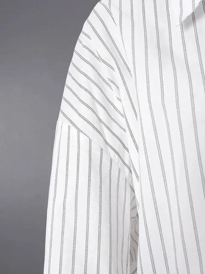 DEAT Fashion Striped Wrap Tie Waist Shirt Mini Dress Women's Lapel Asymmetric Ruched Hem Striped Bodycon Dresses Summer New