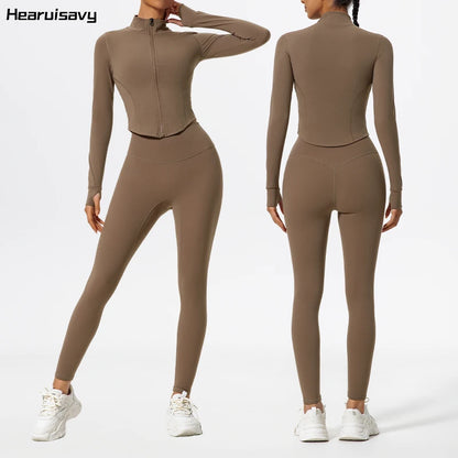 Hearuisavy Summer Ultra-Soft Fabrics 2Pcs Long Sleeve Gym Set Women Quick-Dry Yoga Clothes Workout Leggings Suit Sports Jackets