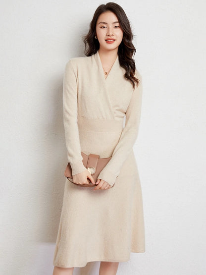 CHICUU Women 100% Cashmere Dresses V-neck Waist Cinching Dresses Autumn Winter Office Lady Grace Luxury Cashmere Knitwear