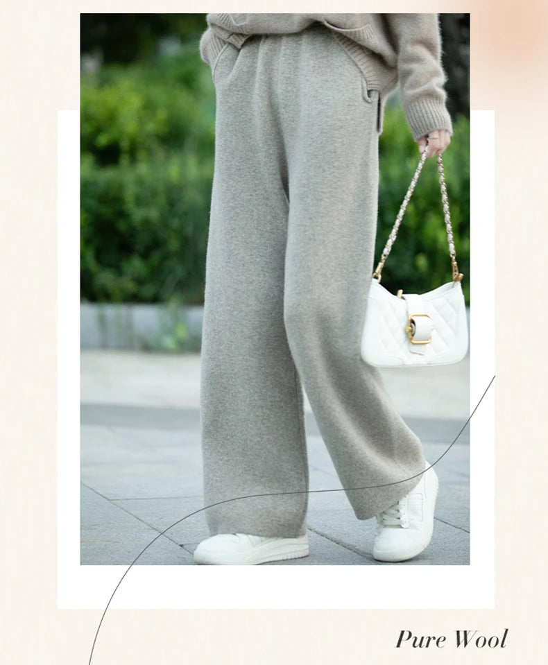 DjzDsm Women's 100% Merino Wool Wide Leg Straight Leg Pants Autumn Winter Thickened Comfortable Fit Trousers