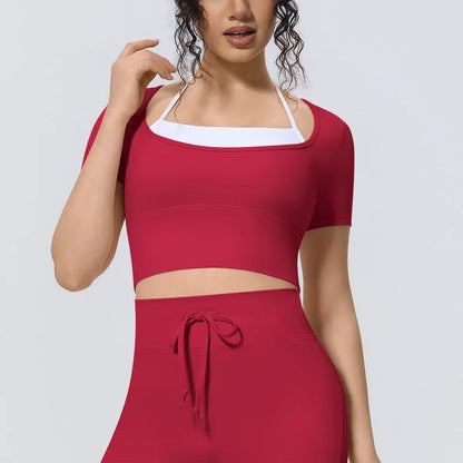 Yoga Sexy Dance Clothes High Elastic Sports T-shirt Women Fitness Top Short Sleeves Running Shirts Gym Push Up Workout Top Tee