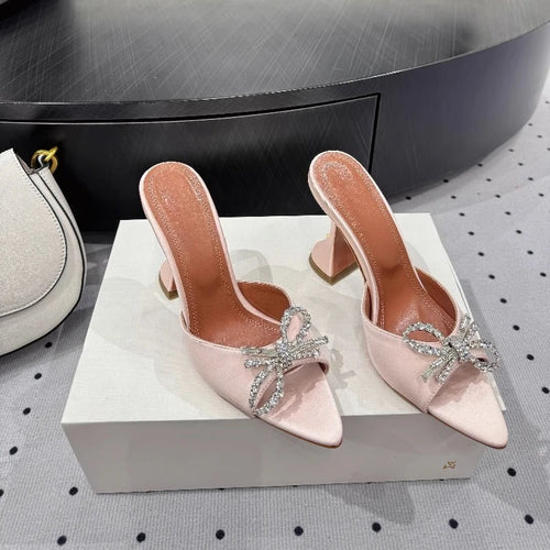 New Bow Rhinestone High-heeled Sandals Sexy Open-toed Fish Mouth Pointed Rear Empty Cool Slippers Women