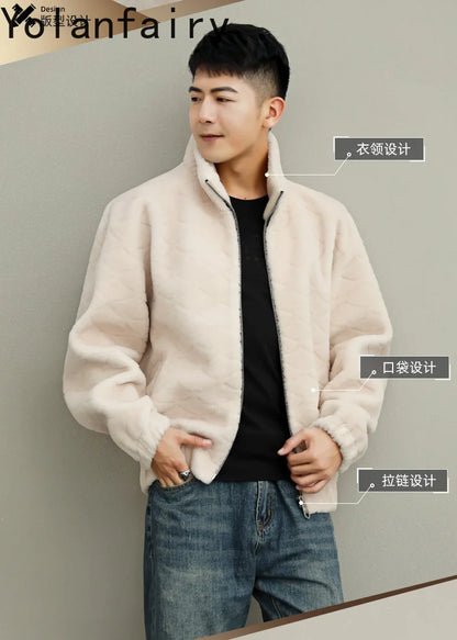 YOLANFAIRY Winter 100% Sheep Shearing Jacket Man Clothing Fashion Stand Collar Granular Lamb Fur Coat Men's Jackets chaqueta