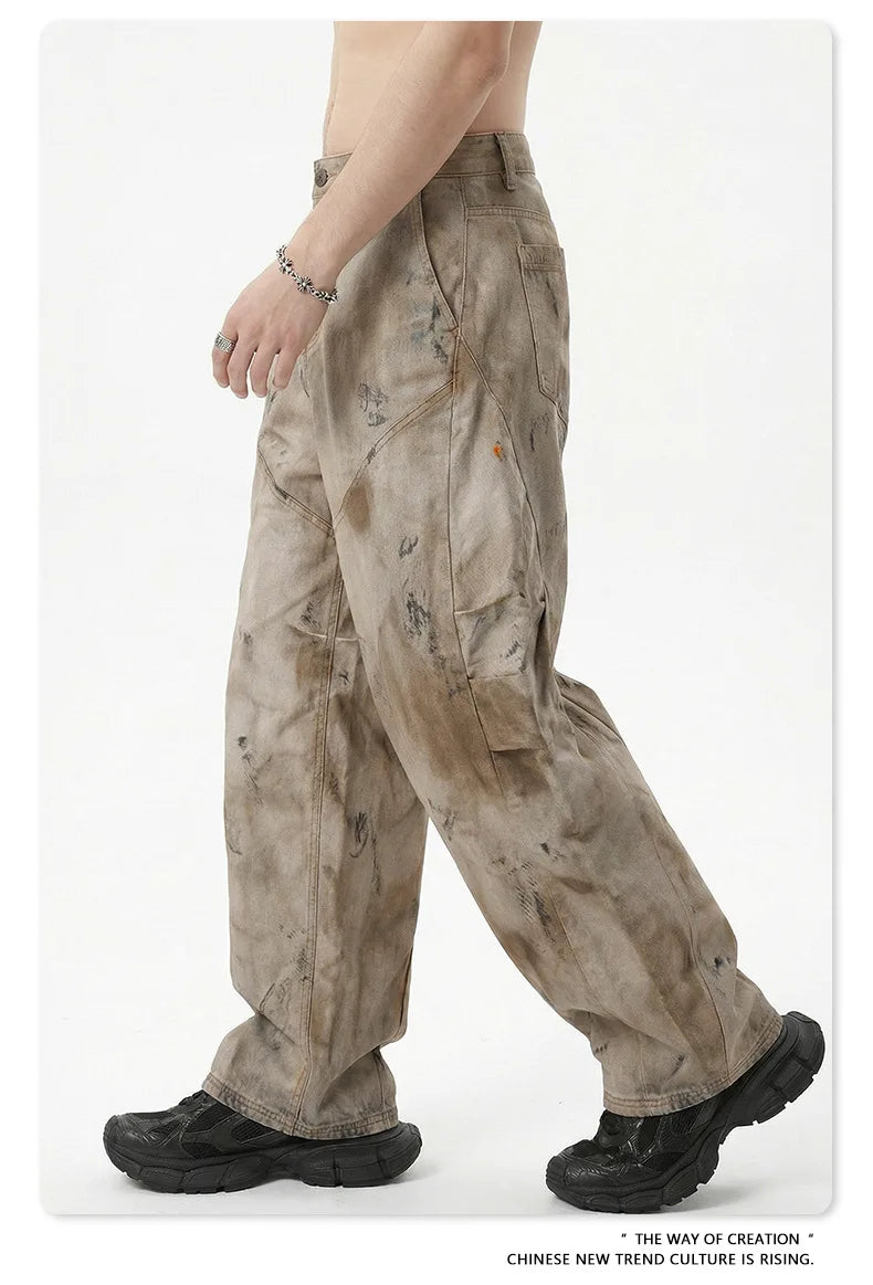 Custom LOGO men's 270G pure cotton high street retro casual pants scimitar denim texture mud yellow old loose wide-leg pants