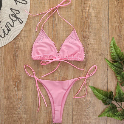 Sexy Halter Mini Bikini Female Swimsuit Women Swimwear Two-pieces Bikini set Luxury Pearl Bather Bathing Suit Swim Lady V2090