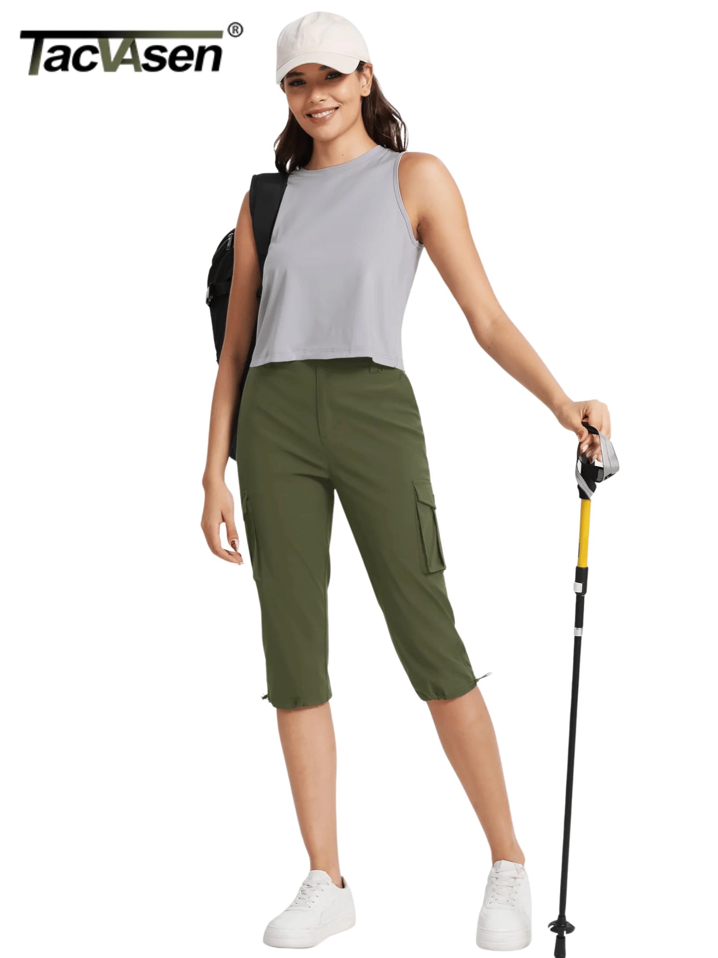 TACVASEN Summer Quick Dry Cargo Capri Pants Womens Outdoor Hiking Knee Length Joggers Lightweight Waterproof Shorts 6 Pockets