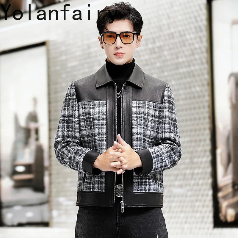 YOLANFAIRY Plaid Wool Spliced Genuine Sheepskin Jacket for Man Spring Autumn Short Woolen Coat Turn Down Collar abrigo hombre