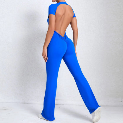 Women's Tracksuit Yoga Set Backless Jumpsuits Back V One Piece Fitness Rompers Short Sleeves Sportswear Gym Set Workout Clothes
