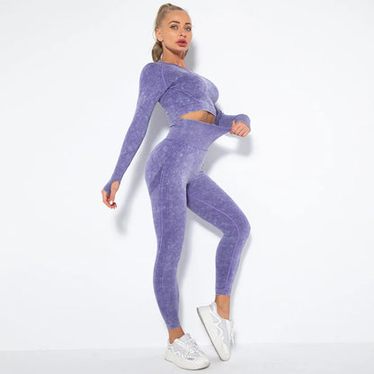 Women Seamless Tracksuit Yoga Set 2PCS Workout Clothes Athletic Wear Gym Legging Fitness Bra Crop Top Long Sleeve Sports Suits