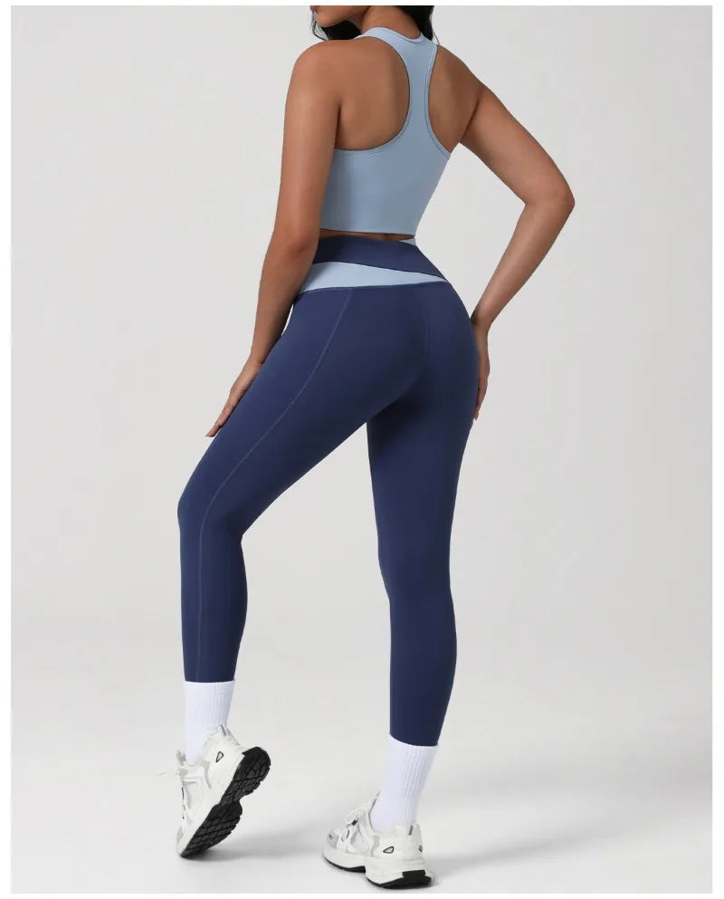 New Women's Color-Block Yoga Outfit Set Back Beauty Fitness Tank Top Long Sleeve Coat Hip-Lifting Leggings Running Fitness Set