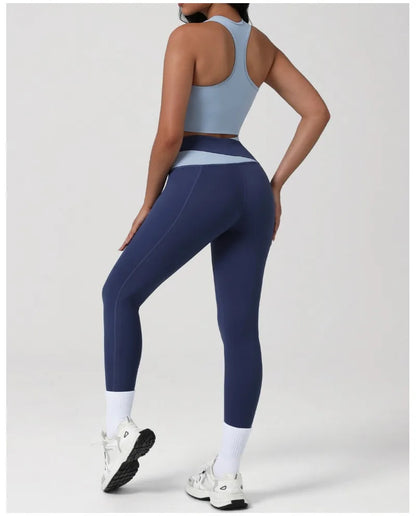 New Women's Color-Block Yoga Outfit Set Back Beauty Fitness Tank Top Long Sleeve Coat Hip-Lifting Leggings Running Fitness Set