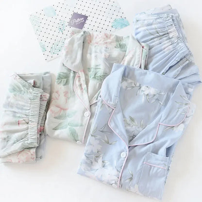Japanese style new spring and summer women's pajamas Viscose fiber silk long-sleeved trousers suit flower printing home service