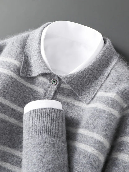 Men Leisure 100% Merino Wool Sweater Polo Collar Knit Pullover Autumn Winter Cashmere Clothing Casual Business Color Stripe Top