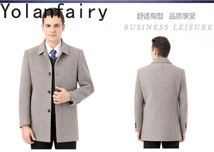 YOLANFAIRY 100% Cashmere Jacket for Men 2025 Autumn Winter Mid-length Wool Coats Man Clothing Casual Business Men's Woolen Coat