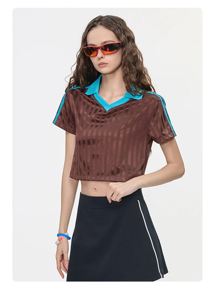 Customized LOGO Women's Spice Girls V-Neck Football Sports T-Shirt Patch Striped Casual Retro Short Sleeve Top