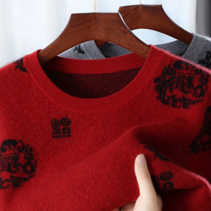 Men's 100% Pure Wool Sweater O-Neck Loose Pullover Autumn/Winter New Embroidery Business Casual Cashmere Tops Knit Bottom Shirt