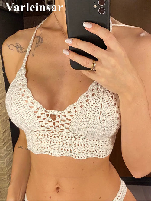 S - XL 9 Colors Crochet Knitted Bikini Top Female Swimsuit Women Swimwear Bather Bathing Suit Swim Hollow Out Beach Top V4193