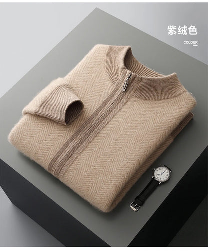 Autumn Winter 100% Merino Wool Knitted Zipper Cardigan Men's Half High Collar Herringbone Pattern Thick Coat Casual Warm Jacket