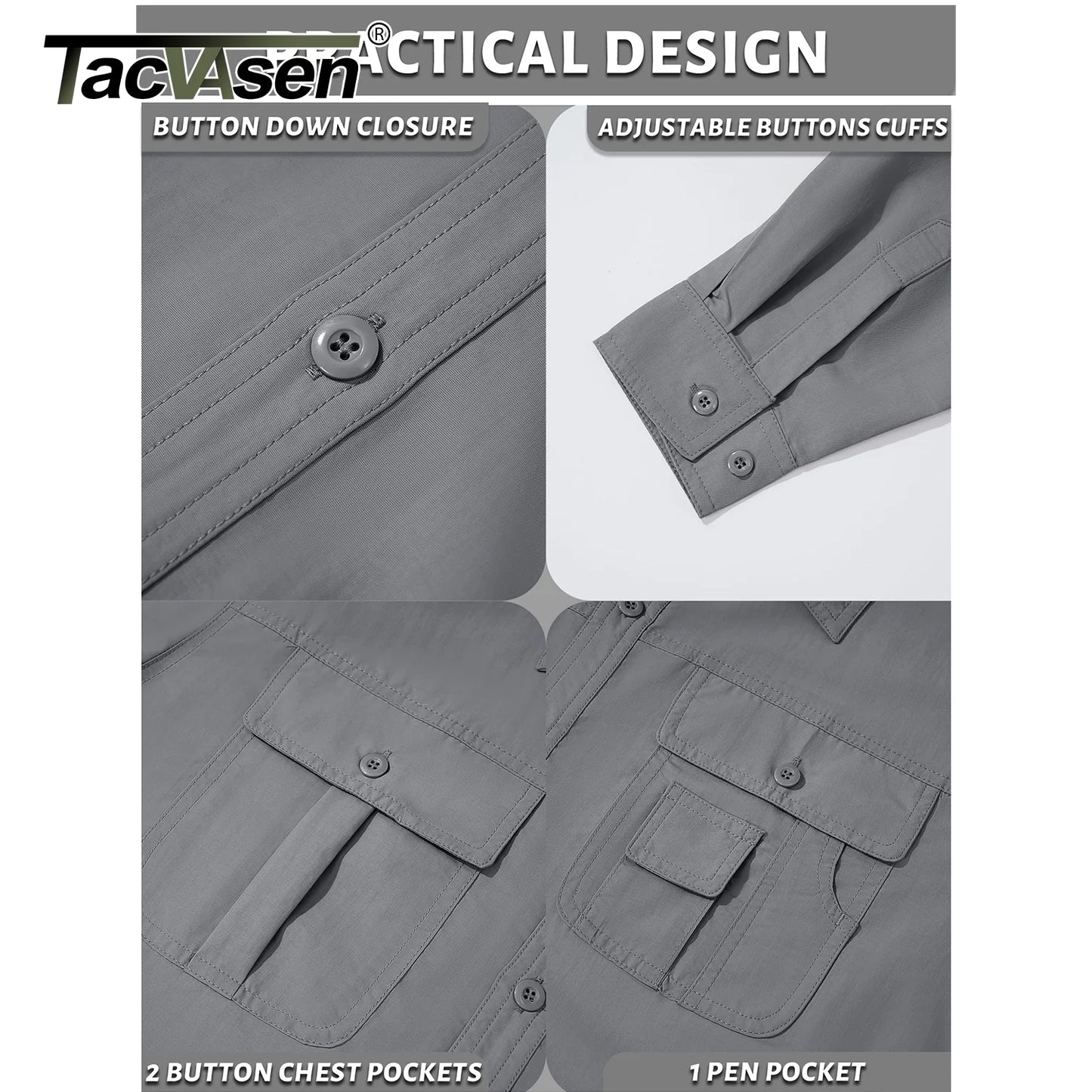 TACVASEN Quick Dry Long Sleeve Cargo Work Shirts with Pockets Mens Nylon Safari Hiking Shirts Button Down Shirts Clothes Males