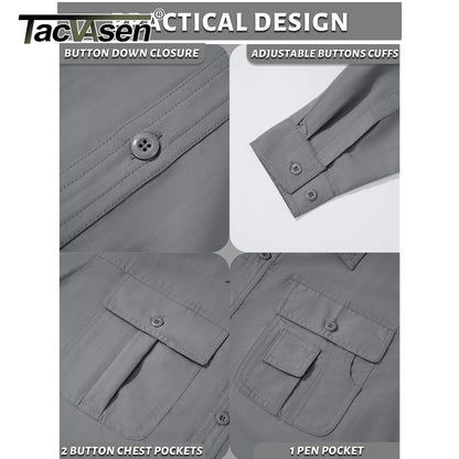 TACVASEN Quick Dry Long Sleeve Cargo Work Shirts with Pockets Mens Nylon Safari Hiking Shirts Button Down Shirts Clothes Males