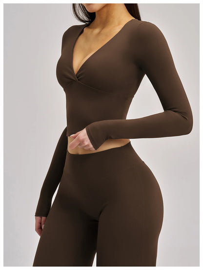 Deep-V Yoga Long Sleeve Solid Sports T-shirts Women's Gym Workout Shirts Sexy Quick Dry Fitness Long Sleeve Female Yoga Shirts
