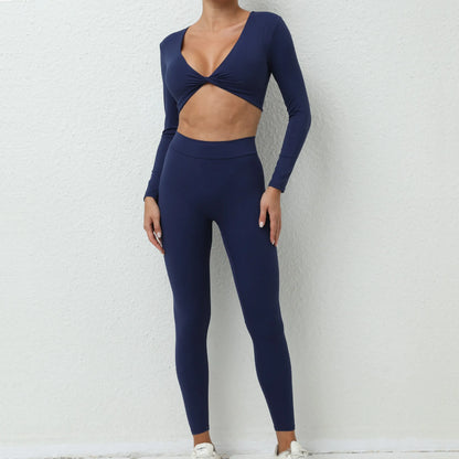 Yoga Set Women Clothes Workout Set 2 Pieces Sportswear Gym Clothing Fitness Long Sleeve Crop Top High Waist Leggings Sports Suit