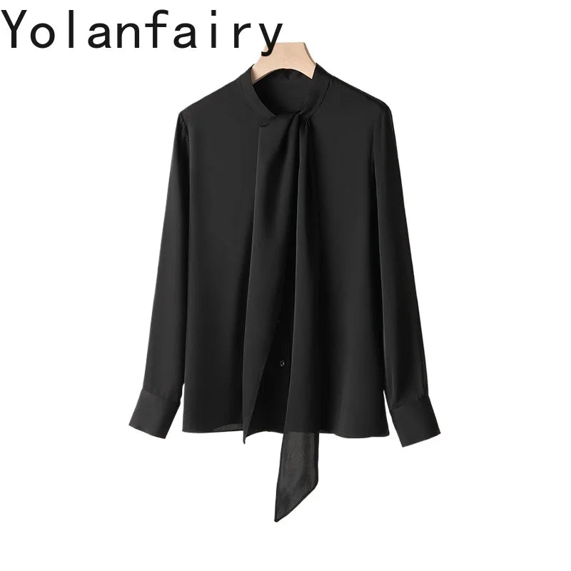 YOLANFAIRY 93% Real Mulberry Silk Shirts for Women Spring 2026 Elegant Solid Long Sleeve Shirt Woman Top Ribbon OL Blouses Trend
