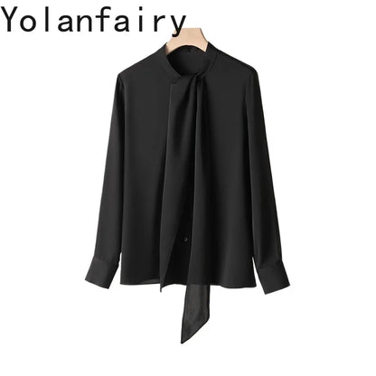 YOLANFAIRY 93% Real Mulberry Silk Shirts for Women Spring 2026 Elegant Solid Long Sleeve Shirt Woman Top Ribbon OL Blouses Trend