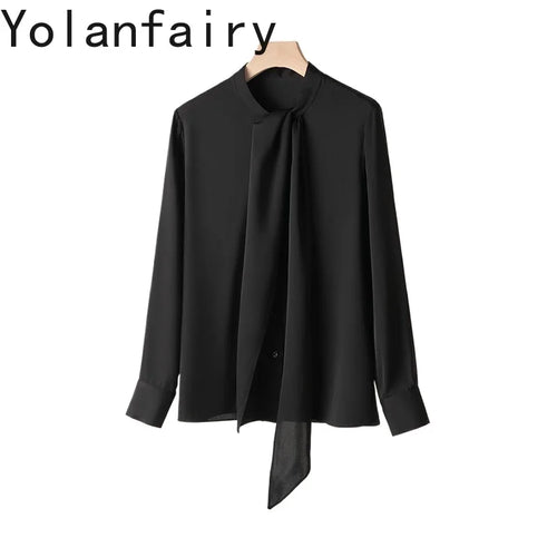 YOLANFAIRY 93% Real Mulberry Silk Shirts for Women Spring 2026 Elegant Solid Long Sleeve Shirt Woman Top Ribbon OL Blouses Trend