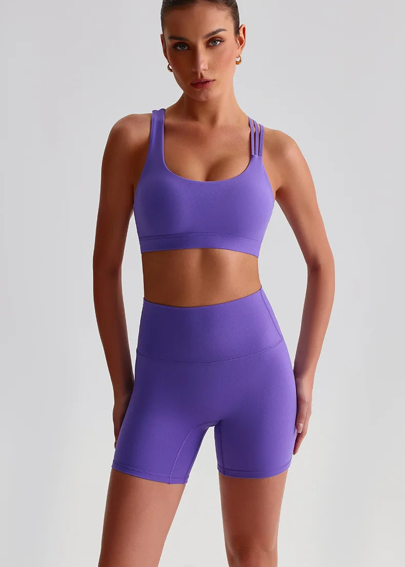 Solid Color High Impact Solid Gym Yoga Set Tight Legging Fitness Cross-back straps Bra Top 2pcs Soft Sport Suit  Women Sportwear