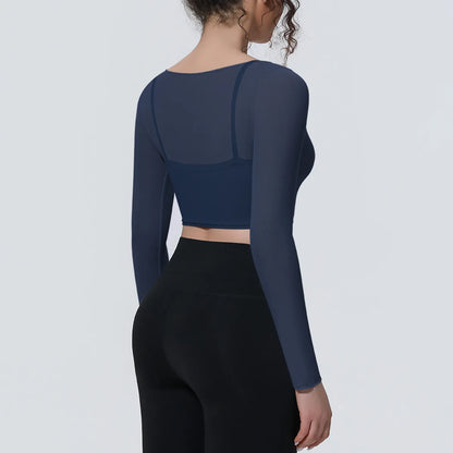 Hearuisavy Women's Mesh Long Sleeve Yoga Top With Padded Bra Fake Two Piece Gym Clothing Fitness Top Quick Dry Sports Crop Top
