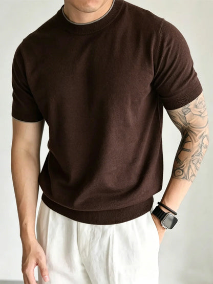 Light Luxury Cashmere Blend Anti Pilling Knitted Short Sleeved Round Neck T-shirt for Men, Retro Casual Business Summer Shirt