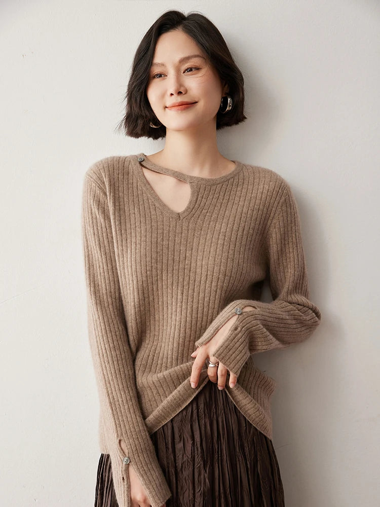 CHICUU Women's 100% Cashmere Knit Pullover Sweater Cut Out Collar Long Sleeve Pullover Autumn Winter Basic Cashmere Knitwear Top