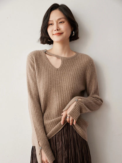 CHICUU Women's 100% Cashmere Knit Pullover Sweater Cut Out Collar Long Sleeve Pullover Autumn Winter Basic Cashmere Knitwear Top