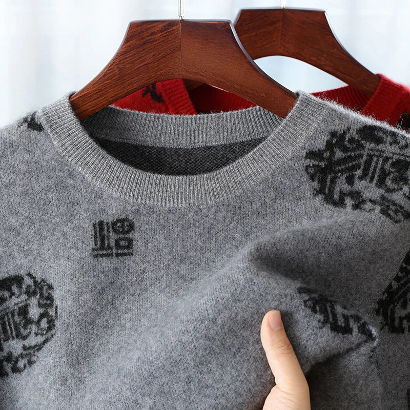 Men's 100% Pure Wool Sweater O-Neck Loose Pullover Autumn/Winter New Embroidery Business Casual Cashmere Tops Knit Bottom Shirt